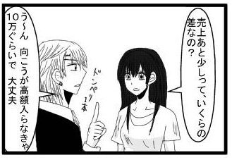 「売上あと少しって、いくらの差なの？」「う～ん　向こうが高額入らなきゃ１０万ぐらいで大丈夫」