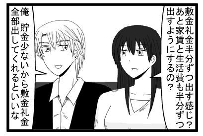 「敷金礼金半分ずつ出す感じ？あと家賃と生活費も半分ずつ出すようにするの？」「俺貯金少ないから敷金礼金全部出してくれるといいな」