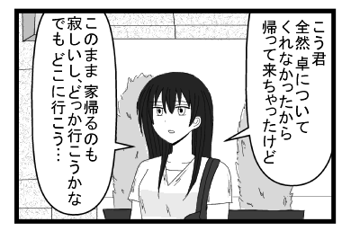 「こう君全然卓についてくれなかったから帰って来ちゃったけど」「このまま家帰るのも寂しいし、どっか行こうかな　でもどこに行こう」