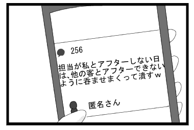 スマホ画面「担当が私とアフターしない日は、他の客とアフターできないように呑ませまくって潰すｗ　匿名さん」