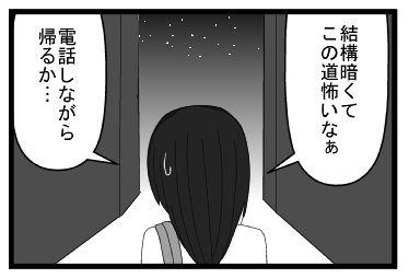 「結構暗くてこの道怖いなぁ」「電話しながら帰るか・・・」
