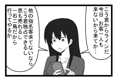 「こう君からラインだ　今日お客一人も来ないからお店に来てか・・・」「他の指名客来てないなら　こう君独占できるし恩も売れるし一石二鳥だから行ってやるか」