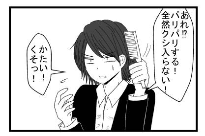 「あれ！？パリパリする！全然クシ入らない！かたい！くそっ！」